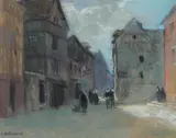 Leonard Richmond, A Street in Rouen, France, charcoal and pastel
