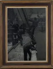 Frank Brangwyn, Return to Harbour, monochrome oil on canvas