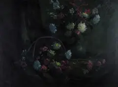 Robert Hou, Still Life with Chrysanthemums in a Basket and Vase, oil on canvas