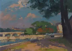 Ernest Jules Renoux, Le Pont Neuf et le Vert Galant, oil on panel
