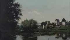 View along a River towards a Suspension Bridge by Henry Jacques Sauzay, oil on canvas, sold Sep 2020