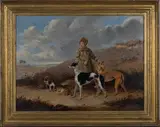 Edmund Bristow, A Boy holding Two Coursing Greyhounds, oil on panel