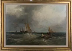 William Edward Webb, Two Figures in a Rowing Boat near other Sailing Vessels in Coastal Waters, oil on canvas