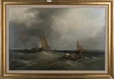William Edward Webb, Two Figures in a Rowing Boat near other Sailing Vessels in Coastal Waters, oil on canvas