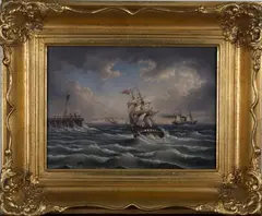 J. de Maré, British Sailing Vessel and French Paddle Steamer in Coastal Waters, 1874, oil on canvas