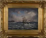 J. de Maré, British Sailing Vessel and French Paddle Steamer in Coastal Waters, 1874, oil on canvas