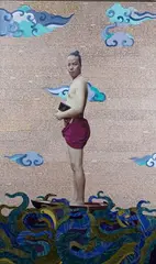 Tenzing Rigdol, Man in a Boat, mixed media including appliqué and screenprint on canvas
