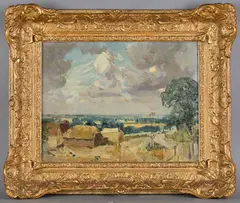 Freda Marston, Landscape Scene with Thatched Buildings, possibly Sussex, oil on canvas-board