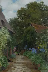 Alfred Parsons, Garden Scene with Figure and Dogs, oil on canvas