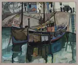 Doris Vaughan, Penzance Boats in a Harbour, probably Mousehole, oil on canvas