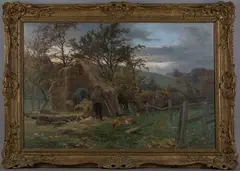 William Greaves, Landscape with Haystack and Figures cutting Bales, oil on canvas