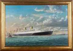 Robert G. Lloyd, The Cruise Ship Nieuw Amsterdam leaving New York, the Manhattan Skyline beyond, oil on board