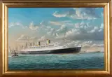 Robert G. Lloyd, The Cruise Ship Nieuw Amsterdam leaving New York, the Manhattan Skyline beyond, oil on board