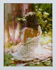 Yuri Lyamin, Garden Setting with Seated Female in Dappled Sunlight, 21st century oil on board