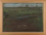 Edward Stott, Landscape with Fence, Gate and Trees, probably West Sussex, pastel