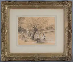 Edward Stott, Figures bathing at a Lake, pastel