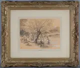 Edward Stott, Figures bathing at a Lake, pastel