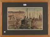 Fishing Boats at a Quay by Phelan Gibb, ink with watercolour, sold Dec 2019