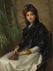 William Oliver, Spanish Lady wearing a Black Lace Shawl, seated holding a Fan, 1881, oil on canvas