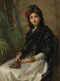 William Oliver, Spanish Lady wearing a Black Lace Shawl, seated holding a Fan, 1881, oil on canvas
