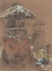 Wim Hofker, Poera Modjapait. Kloenkoemp. Bali' (Puri Majapahit, Bali, Indonesia), 1938, pastel with coloured chalks