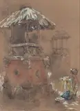 Wim Hofker, Poera Modjapait. Kloenkoemp. Bali' (Puri Majapahit, Bali, Indonesia), 1938, pastel with coloured chalks