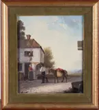 Edmund Bristow, Man with Donkey outside a Cottage, oil on panel