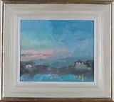 Richard Pikesley, Lights Coming on, Harbour Evening, oil on canvas laid on board