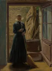 Brownell Cornwallis, Lady wearing a Breton Lace Hat standing in a Doorway holding a Broom, 1914, oil on canvas