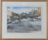 John Drawbridge, Lambton Quay' (Wellington, New Zealand), 1956, ink with watercolour and coloured chalks