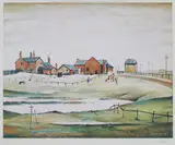 Landscape with Farm Buildings by L. S. Lowry, colour print, sold Sep 2019