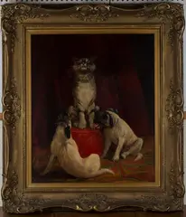 Frederick Thomas Daws, The Crescendo (Two Pug Dogs and a Cat), oil on canvas