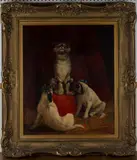 Frederick Thomas Daws, The Crescendo (Two Pug Dogs and a Cat), oil on canvas