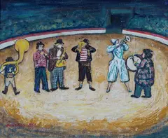 Alan Lowndes, Circus Scene, 1959, oil with gouache on board