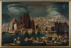 Clarence E. Blackburn, Harbour Scene with Boats and Fishermen, possibly Brixham, oil on canvas