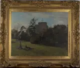 Heywood Hardy, Peacocks in a Garden, a Tower beyond, 1914, oil on canvas