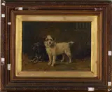 Ralph Hedley, Two Terriers in a Stable Interior, oil on canvas