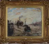 James Kay, Maritime Scene with Vessels including a Dazzle Ship in a Harbour, probably the Clyde