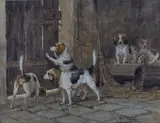 Charles Olivier de Penne, Hunting Hounds in a Barn, watercolour