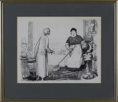 Ernest Howard Shepard, A Lady and a Housemaid in an Interior, pen and ink
