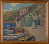 Ethel Louise Rawlins, Boats, Boathouse and Quay, oil on board