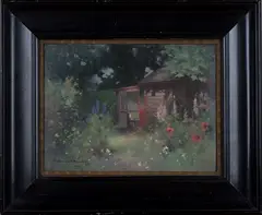 Cottage Garden with Summer House and Wildflowers by Robert Russell MacNee, oil on canvas-board, sold Sep 2019