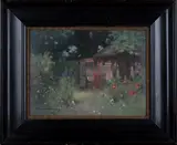 Robert Russell MacNee, Cottage Garden with Summer House and Wildflowers, oil on canvas-board