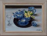 John Codner, Blue and White China with Primroses, oil on board