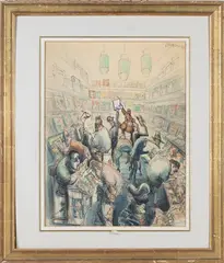 John Jensen, Men browsing Adult Magazines in a Shop, ink and watercolour
