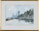 Edward Wesson, View along the Thames with the Palace of Westminster, watercolour