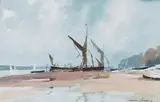 Edward Wesson, Coastal Landscape with a Beached Boat, watercolour