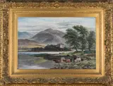 William Langley, Highland Cattle watering from a Loch, a Castle beyond