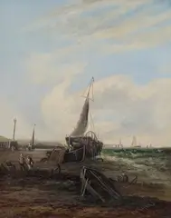 E.W. Rogers, Coastal View with Boats, Figures and Distant Pier, oil on canvas