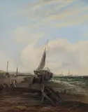 E.W. Rogers, Coastal View with Boats, Figures and Distant Pier, oil on canvas